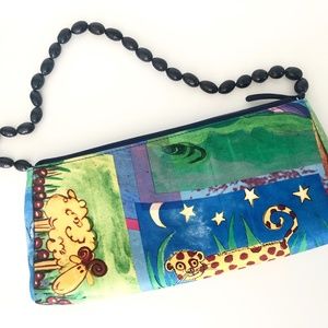 Pineda Covalin Mexico Handbag Purse Clutch Silk Animal Print Wood Bead Handle